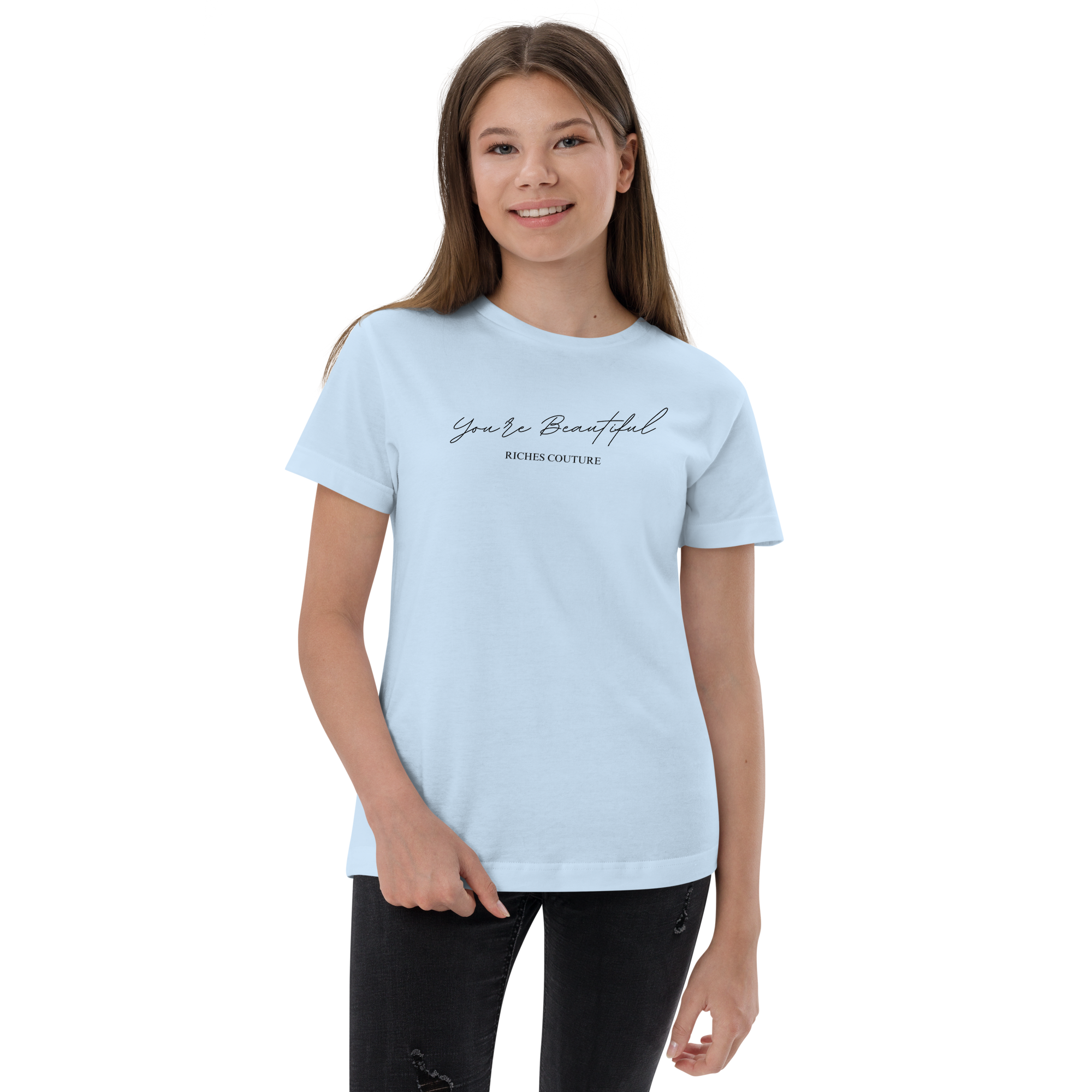 Riches Couture classic youth jersey t-shirt is soft and comfy light blue