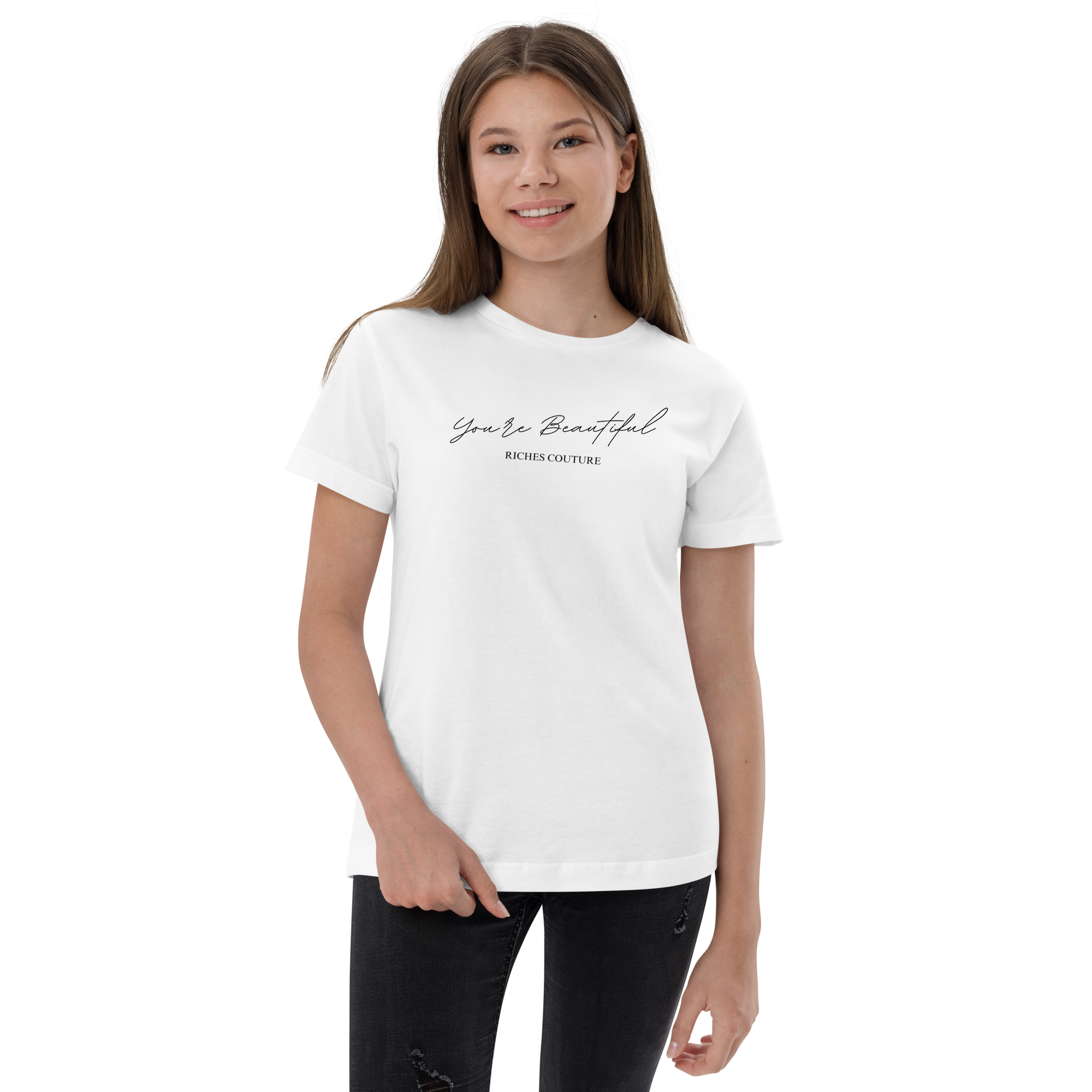 Riches Couture classic youth jersey t-shirt is soft and comfy white